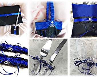 Blue Line handcuff charm police wedding decorations, glasses, cake set, garters, pillow, basket, guest book and pen,  blue and black.