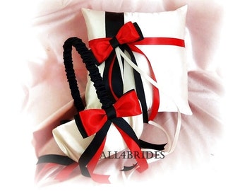 Red and Black Wedding Flower Girl Basket Ring Bearer Pillow - Weddings Accessories Ceremony Decor - Ring Cushion and Basket Set