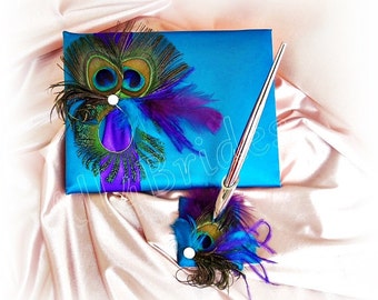 Peacock wedding turquoise and purple guest book and pen set, Regency Purple ribbons