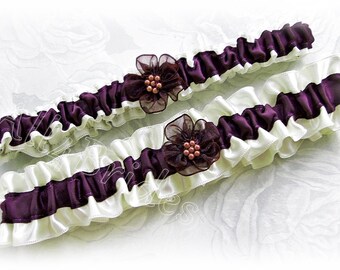 Eggplant bridal garter set, wedding leg garter belt set.  Keepsake and toss bridal garters.