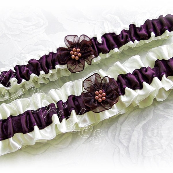 Eggplant bridal garter set, wedding leg garter belt set.  Keepsake and toss bridal garters.