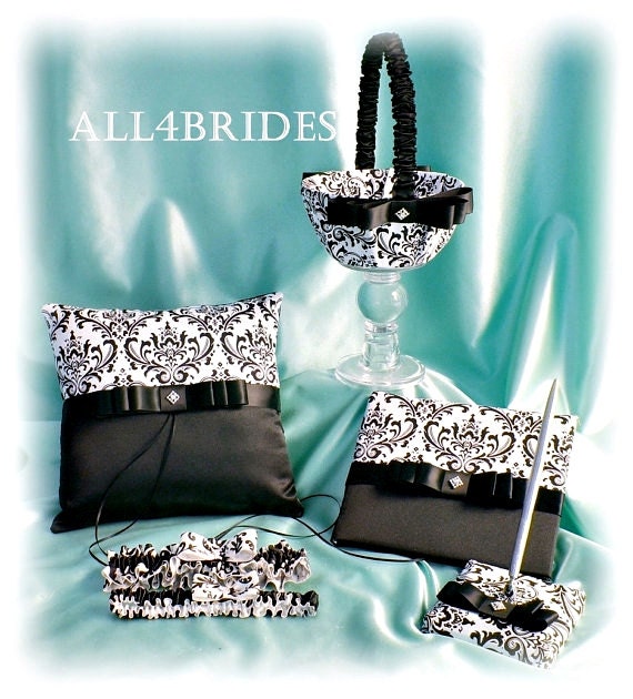 Madison Damask print and Purple wedding ring bearer pillow and flower girl basket Damask Wedding Decorations