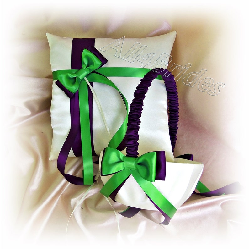 Deep purple and green wedding ring pillow, basket, bridal garters, guest book, pen set, cake set and champagne glasses image 2