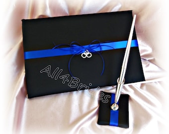 Blue line wedding guest book, handcuff charms police sheriff wedding guest book and pen set