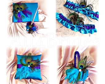 Turquoise and Regency Purple peacock wedding basket, ring pillow, guest book and bridal leg garter set