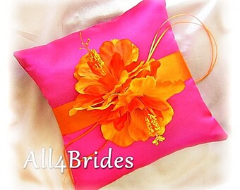 Boda almohada, hibisco flor anillo portador almohada, cojín caliente anillo de boda color rosa y naranja