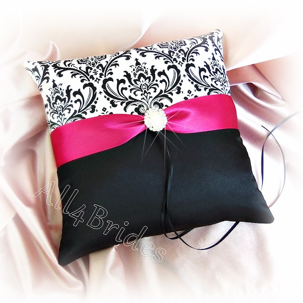 Wedding pillow, Madison print damask and fuchsia pink ring bearer pillow.  Damask ring cushion