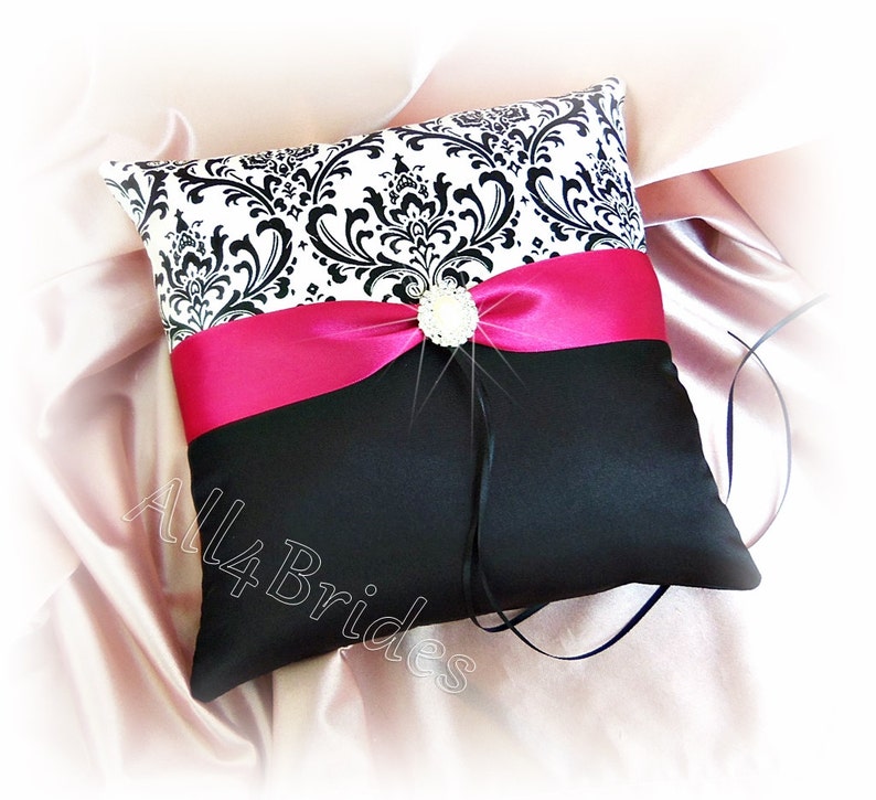 Damask ring cushion Madison print damask and fuchsia pink ring bearer pillow Wedding pillow