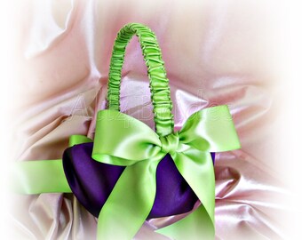 Wedding flower girl basket purple and green satin ribbons.