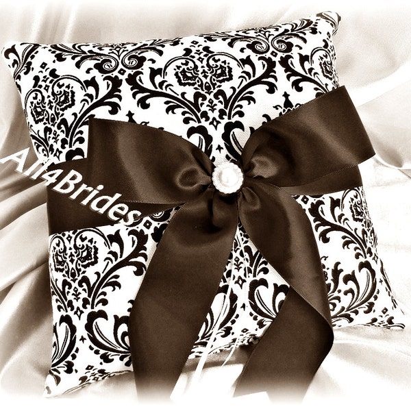 Chocolate brown and ivory madison damask wedding ring bearer pillow