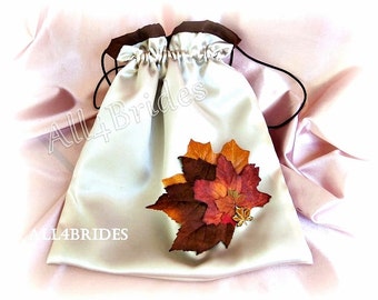 Wedding money dance bag, Fall leaves bridal drawstring bag, Champagne and Chocolate Brown fall leaves wedding accessories