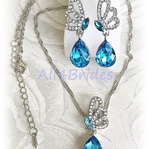 Butterfly earrings and necklace set, bridal jewelry, crystal earrings, turquoise earrings and charm necklace