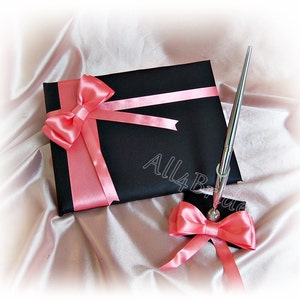 Wedding Guest Book Coral Reef and Black, wedding reception guest book and pen set