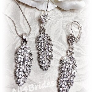 Crystal feather earrings and necklace, wedding bridal jewelry set.