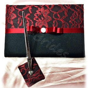 Black and Red Lace Wedding Guest Book Set: Gothic Reception Decor
