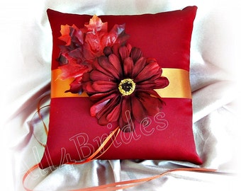 Burgundy and burnt orange Fall leaves wedding ring bearer pillow - Fall Leaves Ring Cushion