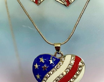 Red White and Blue USA American Flag patriotic heart earrrings and necklace set , 4th of July, Memorial Day, Veteran’s Day, USA Flag jewelry