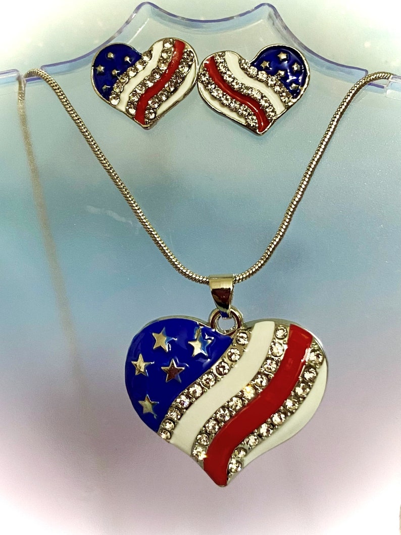 Red White and Blue USA American Flag patriotic heart earrrings and necklace set , 4th of July, Memorial Day, Veterans Day, USA Flag jewelry image 1