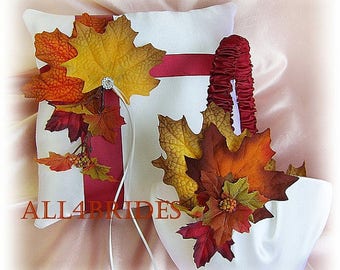 Fall wedding burgundy ribbon and fall leaves basket and pillow set.