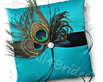 Peacock wedding ring pillow teal blue and black ring bearer pillow