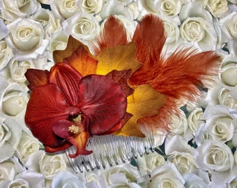 Orchid flower and feathers hair comb, Fall leaves wedding bridal hair comb.