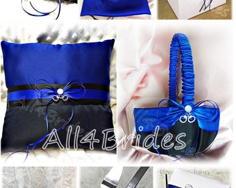 Thin Blue Line handcuff charm wedding decorations, glasses, cake set, garters, pillow, basket, guest book, pen, bag royal blue and black.
