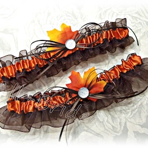 Fall Leaves wedding bridal garter set - chocolate brown and burnt orange