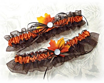 Fall Leaves wedding bridal garter set - chocolate brown and burnt orange