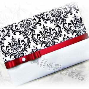 Madison damask print wedding guest book black, red and white wedding book.