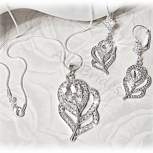 Peacock feather crystal earrings and necklace bridal jewelry set, peacock wedding bridal jewelry