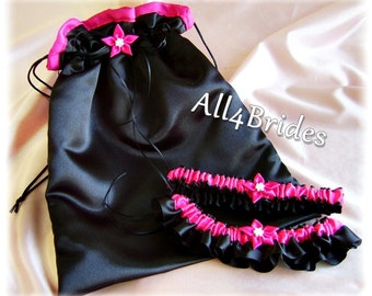 Hot pink and black wedding bridal leg garter belt set and money dance drawstring bag.  Pink and black bridal accessories .