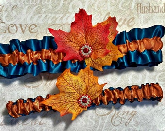 Teal and Burnt Orange Fall Leaves Wedding Bridal Leg Garter Set - Something Blue Garters