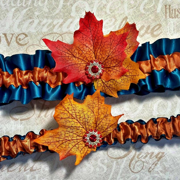 Teal and Burnt Orange Fall Leaves Wedding Bridal Leg Garter Set - Something Blue Garters