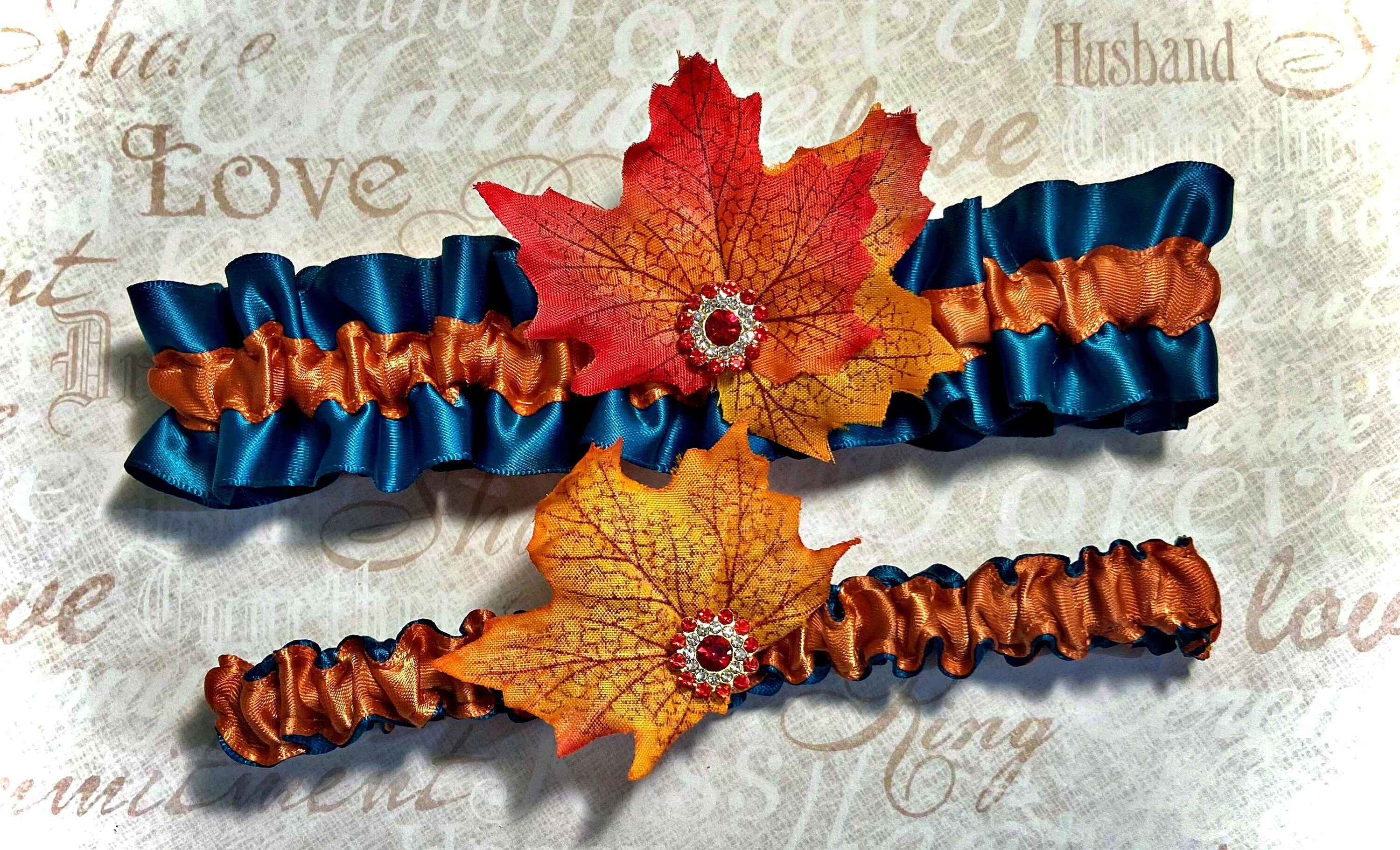 Teal and Burnt Orange Fall Leaves Wedding Bridal Leg Garter Set - Something Blue Garters