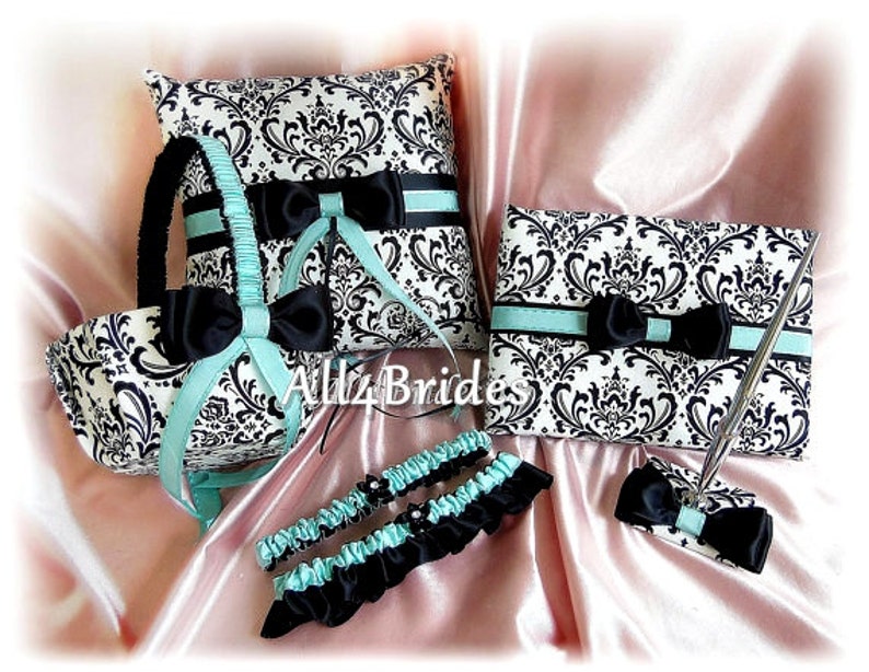 Madison Damask Wedding Ring Pillow Basket Guest Book Garters Aqua Blue and Damask Weddings Ceremony Decor image 1