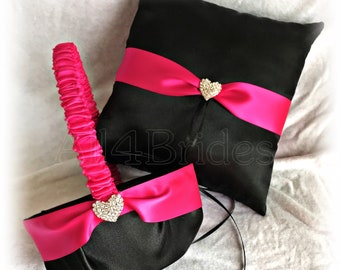 Wedding Hot Pink and Black with heart charm ring pillow and flower girl basket set