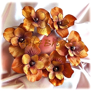 Burnt orange hydrangea hair flower pins, bridal or bridesmaids hair accessories set of 6 hair pins.
