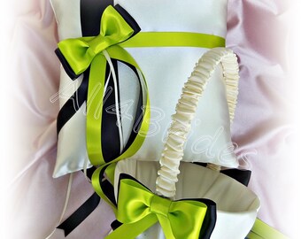 Lime green and black wedding ring pillow and flower girl basket