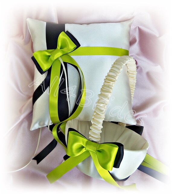 guest book and pen set. bridal leg garters basket Neon Green and Black wedding ring pillow