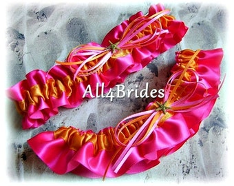 Beach wedding starfish bridal leg garter set, hot pink and orange bridal garters