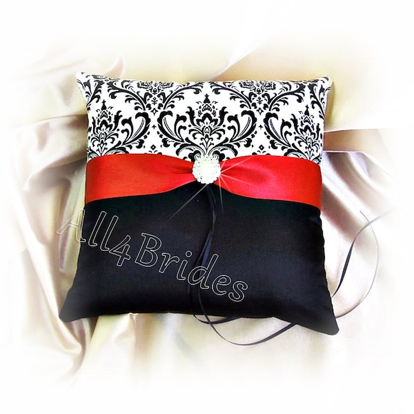 Red and black wedding ring pillow, damask wedding ring bearer cushion.