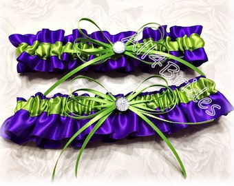Regency purple and lime green wedding bridal leg garter set.  Prom garters.