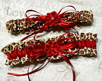 Leopard print and red bridal garter set, cheetah wedding bridal accessories