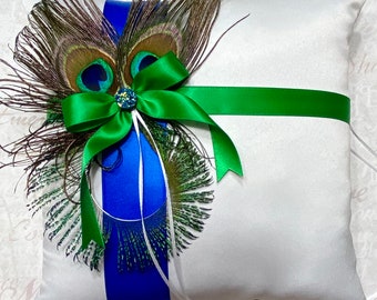 Peacock wedding pillow, Royal Blue and Emerald Green feather wedding ring bearer pillow.