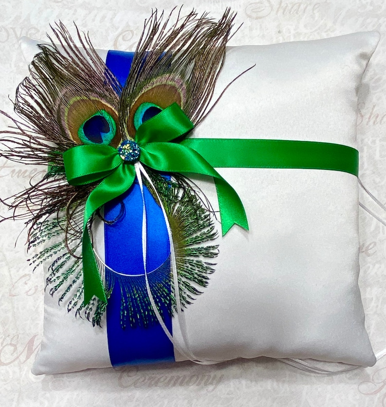 Peacock wedding pillow, Royal Blue and Emerald Green feather wedding ring bearer pillow. image 1