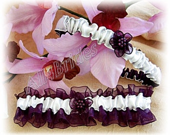 Eggplant wedding bridal leg garter set, bridal accessories or prom garters