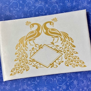 White and gold peacock wedding guest book, personalization available.  Ready to ship