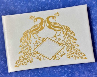 White and gold peacock wedding guest book, personalization available.  Ready to ship