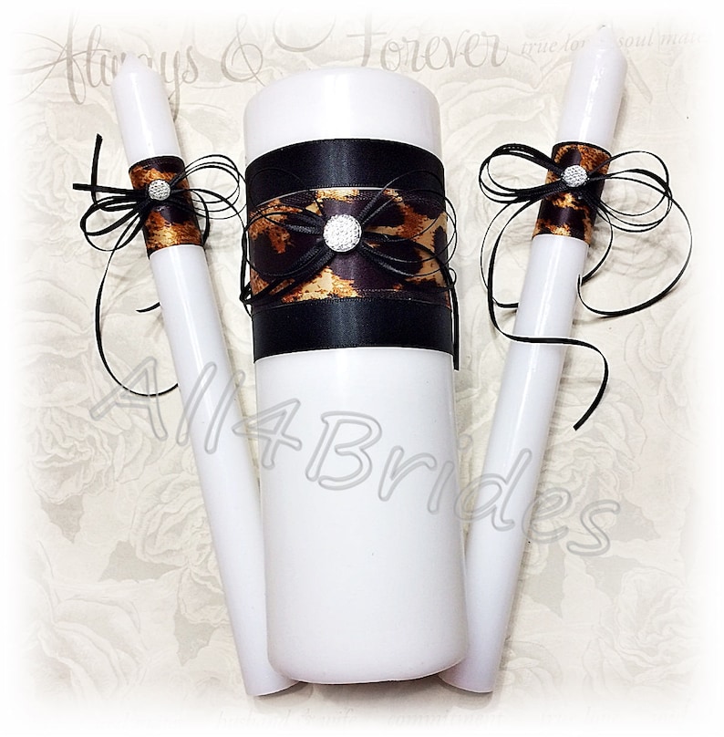 Cheetah print wedding unity candle set. Leopard print and black wedding ceremony candles. image 1