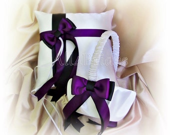 Wedding ring pillow and flower girl basket in purple plum and black wedding